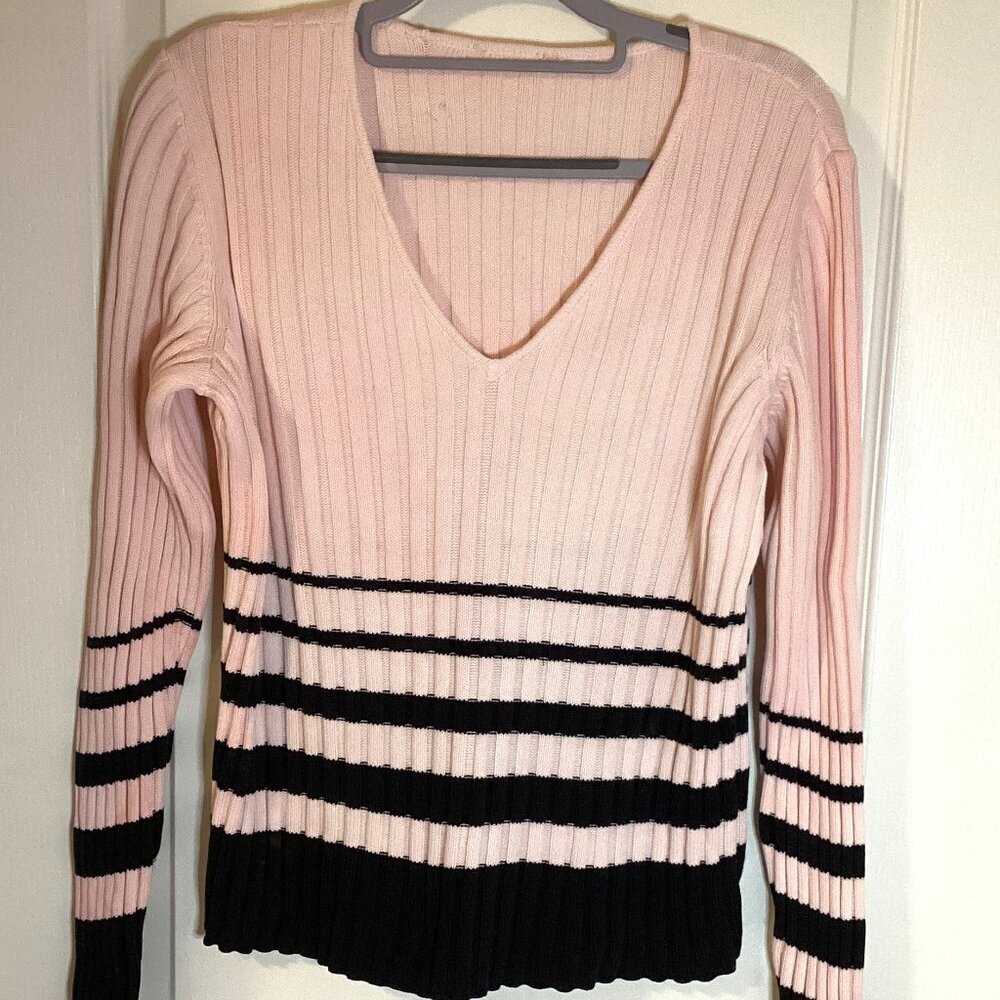 Woman's Sweater Size L Striped V-Neck Sailing Beach Tennis Preppy Pull-over